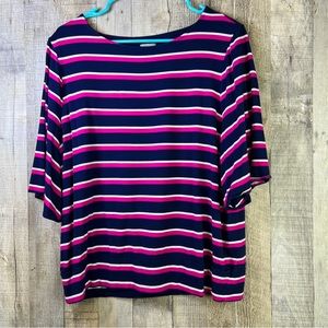 - Chicos Size 2 Striped Crewneck Short Sleeve Top with Navy Blue, Pink &…